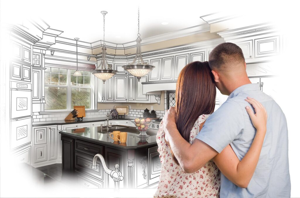 Young Military Couple Looking Inside Custom Kitchen and Design Drawing Combination.
